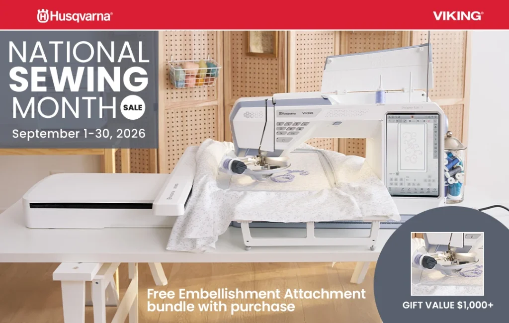 Flyer from Husqavarna Viking for National Sewing Month 2026.
