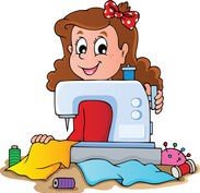 Clip art of a girl sewing.